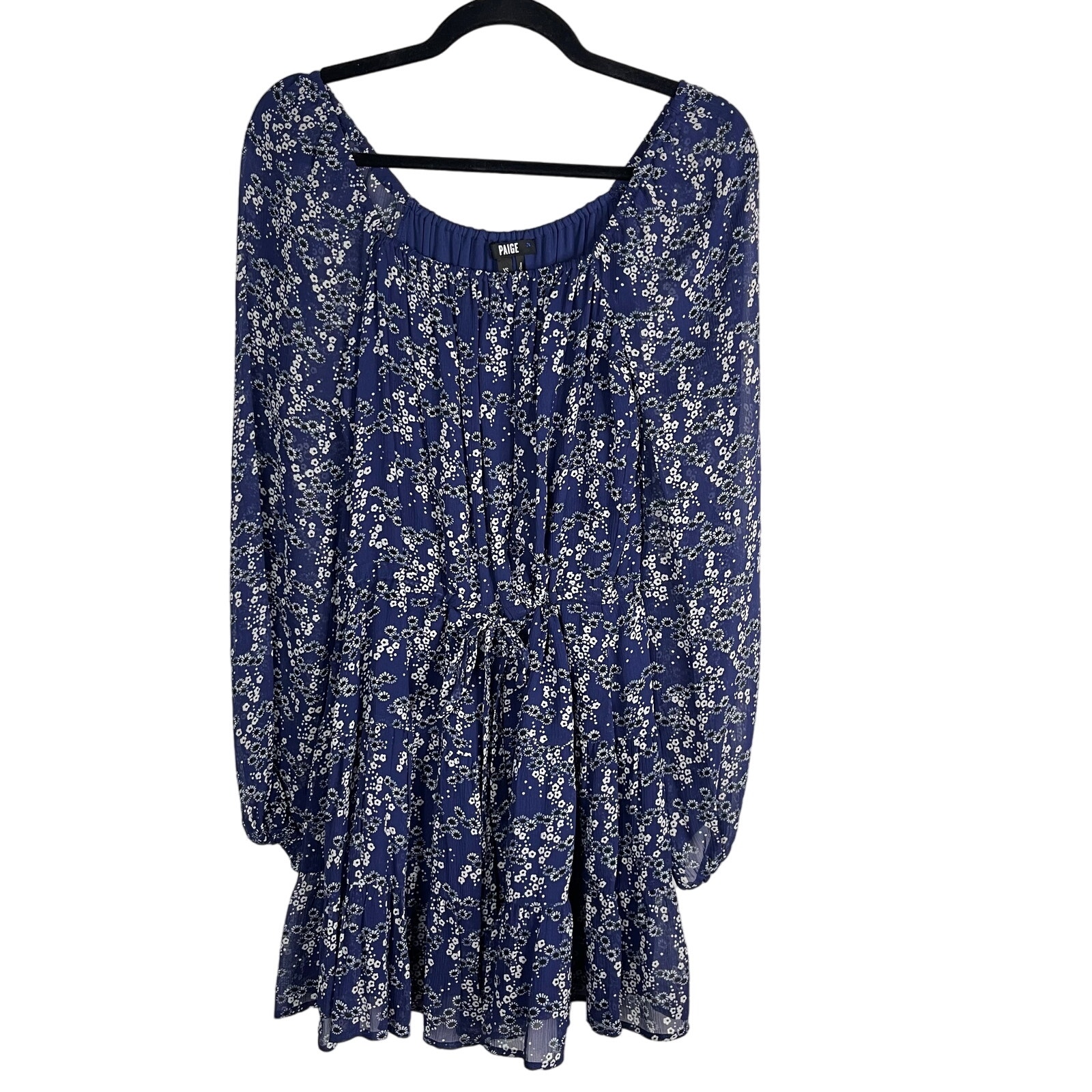 Paige Xsmall Xs Dark Ink Blue Marjoram Floral Silk Dress Square Neck Long Sleeve